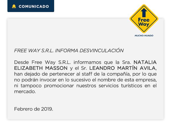 FREE WAY - COMUNICADO URGENTE - DESVINCULACIONES.-